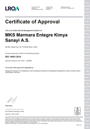 ISO 14001 Environment Management System Certificate